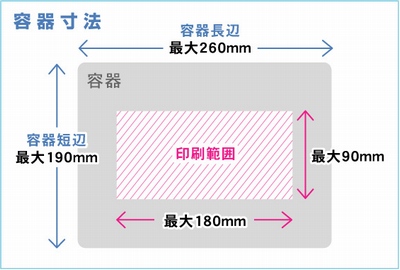 容器・印刷寸法・容器長辺260mm以下・容器短辺190mm以下・印刷可能長辺180mm以下・印刷可能短辺90mm以下