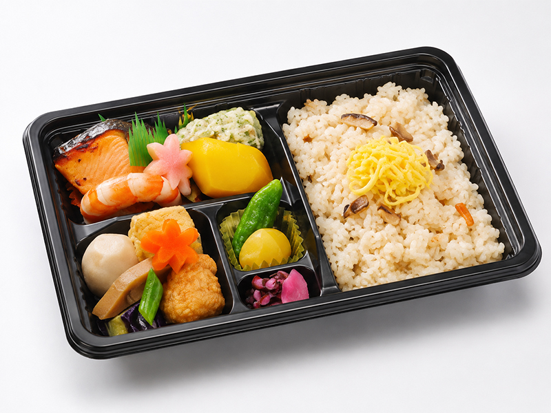 秋の行楽弁当 盛付イメージ画像。