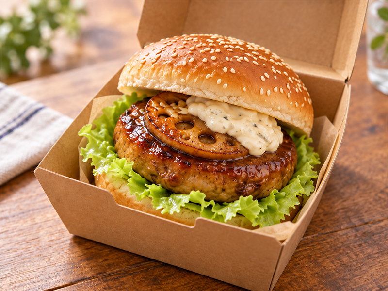甘辛つくねとれんこんのバーガー 盛付イメージ画像。