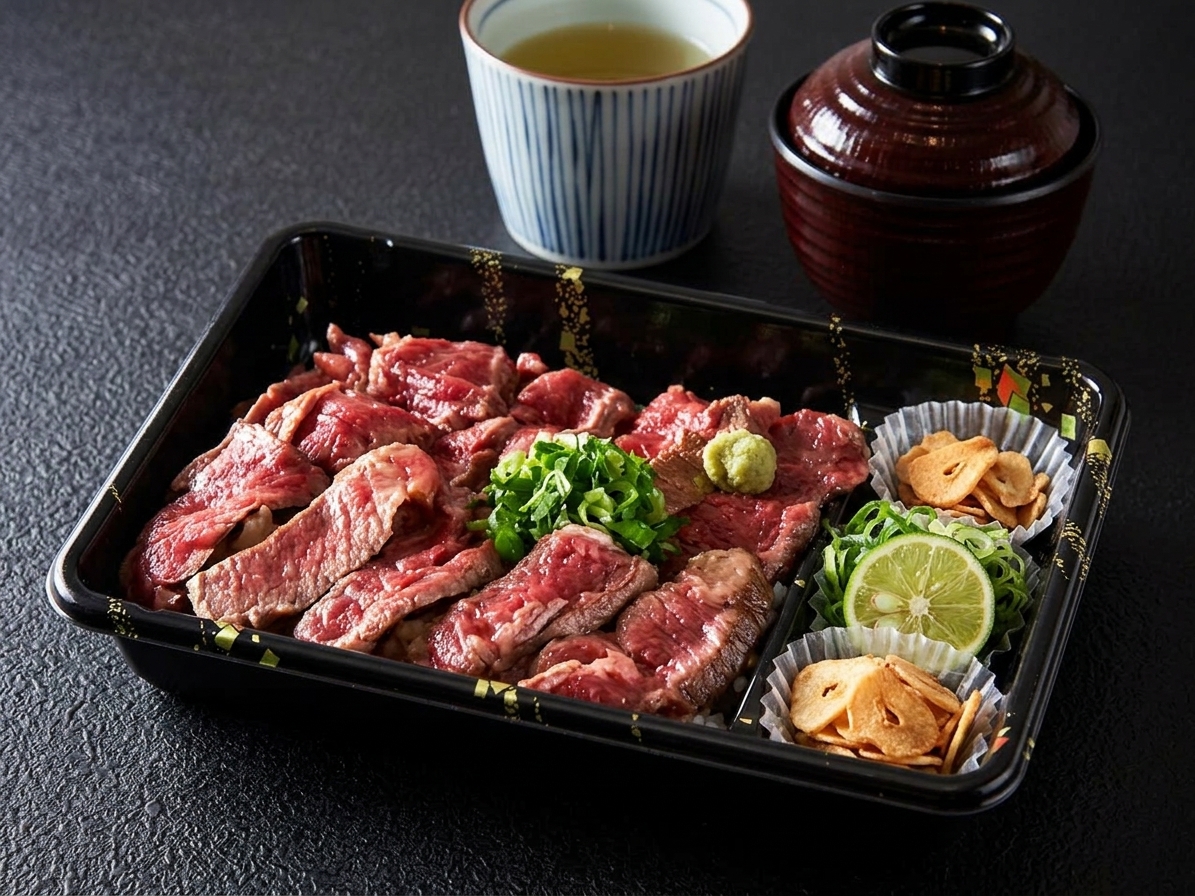 黒毛和牛の贅沢ステーキ重 盛付イメージ画像。